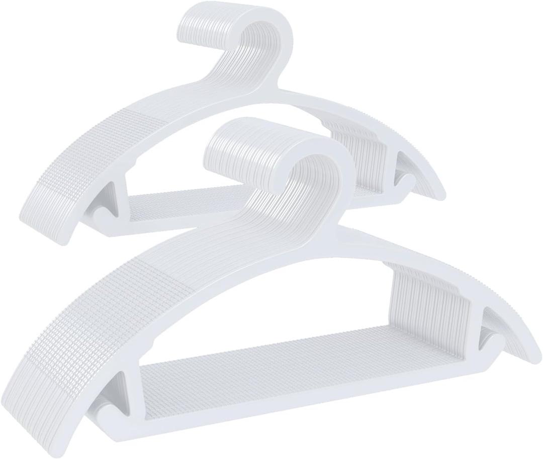 ABHENG 60 Pack Kids Hangers, Non-Slip & Sturdy Coat Hangers, Ultra-Thin Plastic Suit Hangers for 7-12 Years Old, Dry & Wet Dual-Use Multi-Scenario Storage, Holds Up to 11 LB, 14" W, White, UAPY0960W
