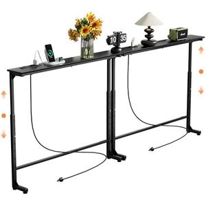 GRLEAF 2 Pack Adjustable Height Narrow Console Table with Power Outlets, 90" Long Sofa Table with Charging Station Behind Couch Table Entryway Table for Living Room and Hallway – Black