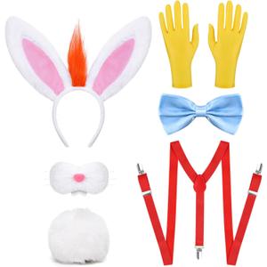 6Pcs Halloween Bunny Costume Set Include Rabbit Headband Nose Tail Bow Tie Suspender and Gloves for Men Party Dress Up