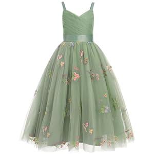 OBEEII Flower Girl Dress for Wedding Pleated V Neck Satin Back Floral Embroidery Tulle Princess Dress Junior Wedding Birthday Pageant Formal Ball Prom Gown Sage Green-Floral 14 Years