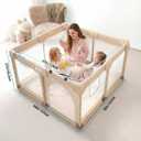 Joypony Baby Playpen, 50x50 in Small Play Pen for Babies and Toddlers, Playpen for Kids with Gate, Indoors Play Yard with Soft Breathable Mesh (Beige)