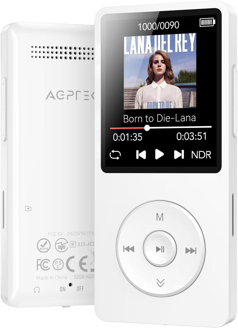 AGPTEK A02 MP3 Player with Bluetooth 5.3, 1.8 inch Screen Portable Music Player with Speaker, FM Radio, Voice Recorder, Supports Expanded Up to 128GB(White, 32GB)