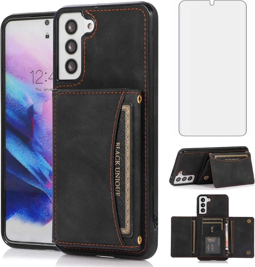 Asuwish Phone Case for Samsung Galaxy S21 Glaxay S 21 5G 6.2 inch Wallet Cover with Tempered Glass Screen Protector and PU Leather Credit Card Holder Stand Cell Accessories Gaxaly 21S G5 Women Black