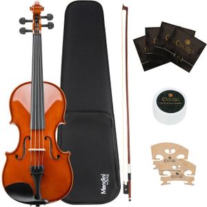 Mendini by Cecilio 14 Inch Solid Wood Viola Set for Beginners - Hand Carved Acoustic Viola Kit with Hard Case, Bow, Rosin, Bridge and Extra Strings (brown)