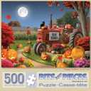 Bits and Pieces  500 Piece Jigsaw Puzzle for Adults  Happy Hollow - Halloween Farm Pumpkin Jack - O - Lantern Tractor Cat Fall Autumn Flower Corn Moon Night Jigsaw Puzzle by Artist Alan Giana