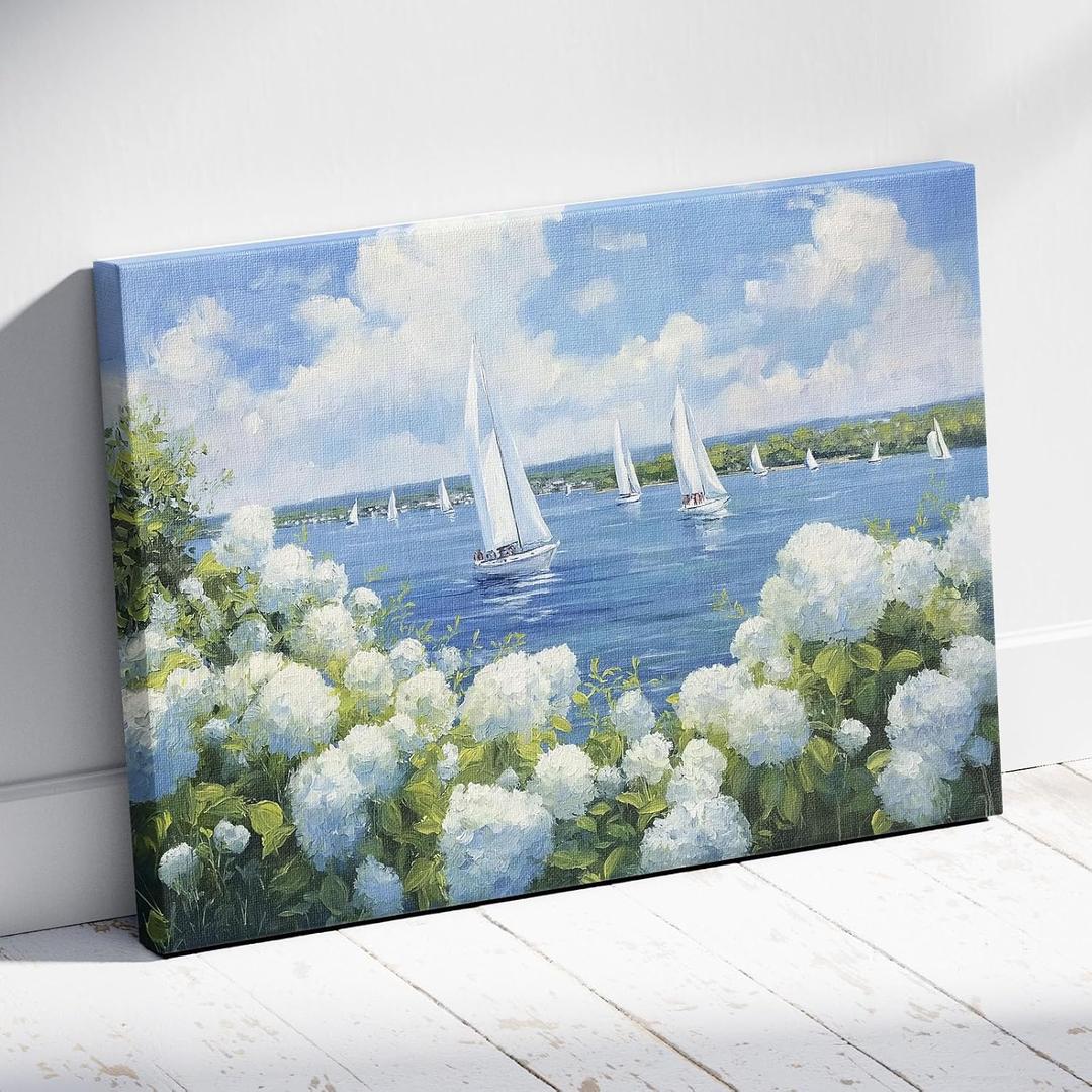 Seaside Hydrangea Wall Art Coastal Sailboat Print Nantucket Artwork for Walls Vintage Hydrangea Poster Seascape Landscape Pictures Coastal Beach Paintings Sailboat Artwork 24x16inch Framed