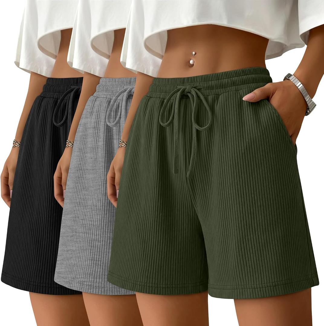 Yearntown 3 Pack Women's Sweat Shorts Ribbed Knit Elastic Waist Loose Fit Drawstring Comfy Lounge Summer Shorts with Pockets(Black, Gray, Army Green, Medium)