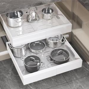 Seinloes 2 Pack Pull Out Cabinet Organizer 18" Deep,Full Extension 3 Slide Rails Slide Out Drawers With Raising Pad for Framed Cabinets,Expandable Width (12.3"-20.5"),No Drill Roll Out shelf,White