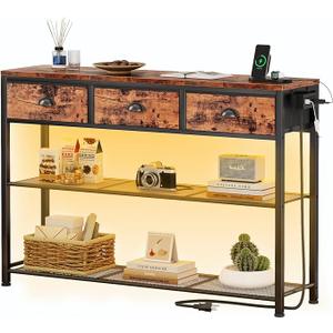 Furologee Console Table with Charging Station & 3 Fabric Drawers, 38'' Entryway Table with Storage Shelves and LED Light for Entry Way, Industrial Display Shelf for Hallway, Foyer, Rustic Brown