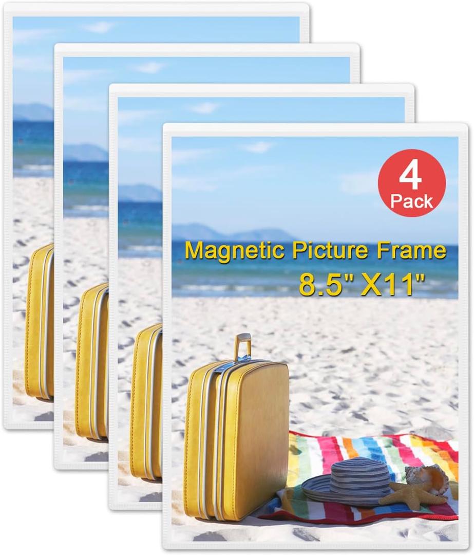 Magnetic Picture Frames, 4 Pack,Holds 8.5 x 11 Fridge Magnets Photos Frame, Magnetic Photo Pocket Perfect for Displaying Frames, Artworks (White)