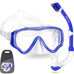 WACOOL Snorkeling Snorkel Diving Scuba Package Set Gear for Kids Youth Junior Anti-Fog Coated Glass with Silicon Mouth Piece Purge Valve and Anti-Splash (DarkBlue)