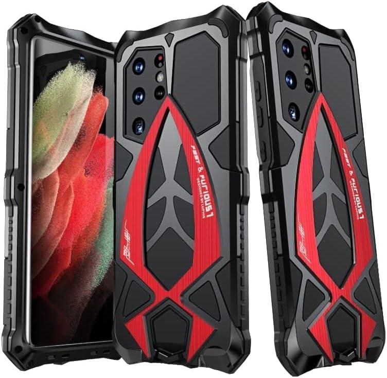 Armor Phone Case for Samsung Galaxy S22 Ultra Military Grade Drop Protection Cover S22Ultra 5G Heavy Duty Hybrid Metal Bumper Built-in Silicone Shockproof Dustproof - Black + Red