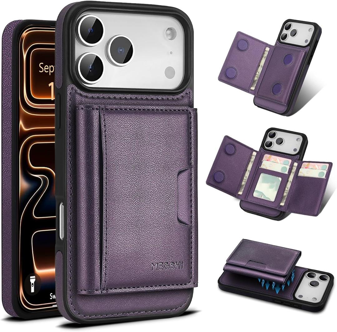 for iPhone 17 pro max Wallet Case, 2-in-1 Detachable Phone Case, Card Holder RFID Blocking, Fashionable Faux Leather Card Slot & Folding Design (Purple)