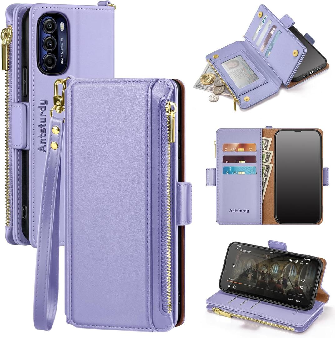 Antsturdy Compatible with Motorola Moto G Stylus 5G 2022 Wallet Case with Card Holder for Women Men Phone Case RFID Blocking PU Leather Flip Cover with Strap Zipper Credit Card Slots,Light Purple Antsturdy Compatible with Motorola Moto G Stylus 5G 2022 Wallet Case with Card Holder for Women Men Phone Case RFID Blocking PU Leather Flip Cover with Strap Zipper Credit Card Slots,Light Purple