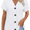 ORANDESIGNE Women's Short Sleeve V Neck Tops Casual Button Down Summer T Shirts Basic Ladies Tees (White, XL)