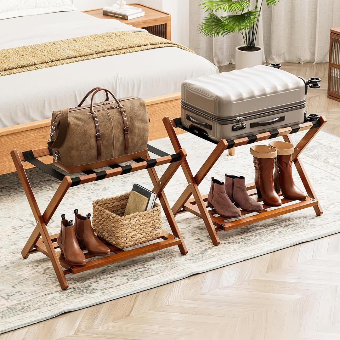 SpaceAid Fully Assembled Luggage Rack 2 Pack, Bamboo Foldable Suitcase Stand for Guest Room, Heavy Duty Folding Luggage Holder with Storage Shelf for Bedroom and Hotel, Walnut