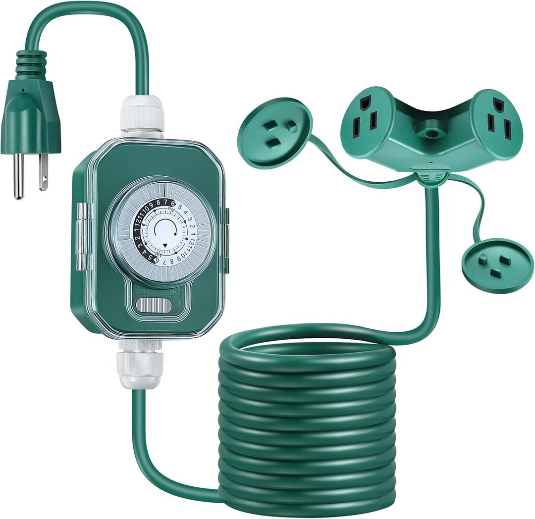 Feekoon 20FT Outdoor Extension Cord with Timer, 2 Outlet Plugs, 16AWG SJTW Green Splitter with Weatherproof Covers, Wire Grounded with Multiple Outlets for Halloween Christmas Landscaping Light