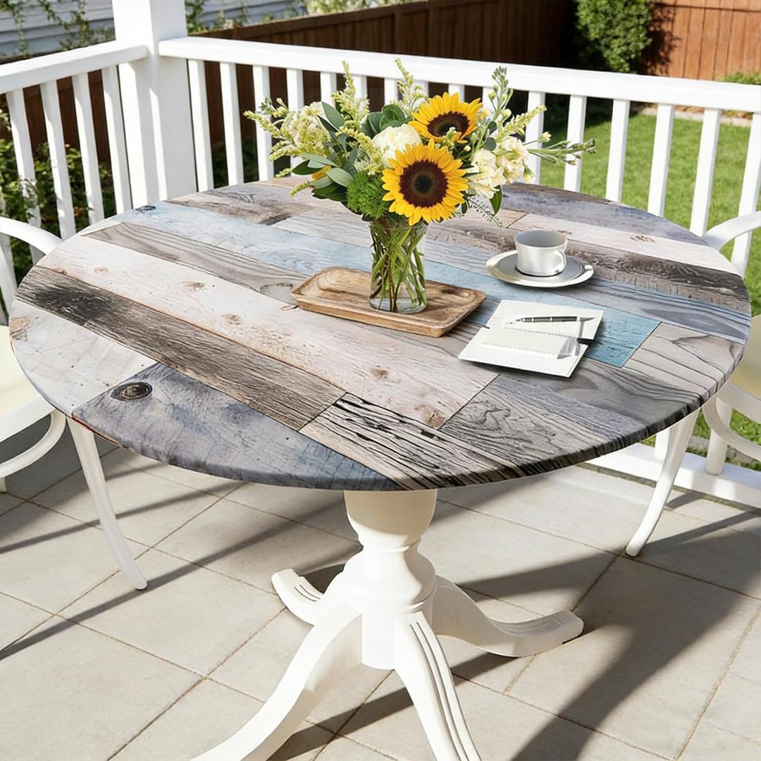 Round Fitted Tablecloth with Elastic Edge Farmhouse Wooden Outdoor Indoor Table Cloth Waterproof Wipeable Table Cover for Dinner Picnic Patio Decor (Suitable for 36"- 44" Round Tables)