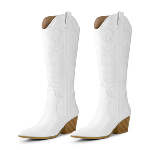 Arromic Cowboy Boots for Women Comfortable Women's Embroidered Western Cowgirl Knee High Boots Pointed Toe Zipper Chunky Heel Country Outfit Retro Tall Boots 11