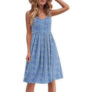 Akihoo Women Summer Casual Sleeveless Midi Plain Pleated Tank Vest Dresses (Medium, 01 Floral 12 Blue White)