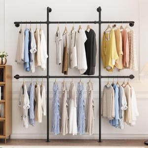 Industrial Pipe Clothing Rack Wall Mount, Black Pipe Clothes Rack with 6 Hanging Rods, Heavy Duty Pipe Clothing Rack for Laundry Room, Closet Systems for Walk in Closets