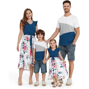 PATPAT Family Matching Outfits Mommy and Me Outfits Floral Dress & Tee Sets | Couples Matching Outfits, Women Girl Flutter Sleeve Dress, Men Boy Cotton Blend T-shirts, Beach Vacation, Family Photoshoot (Blue)
