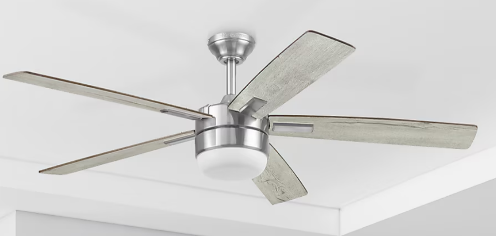 Harbor Breeze Boltz III Easy2Hang 52-in Color-Changing Integrated LED Brushed Nickel with Gray Blades Ceiling Fan With Light - Remote Included ( 5 -Blade )