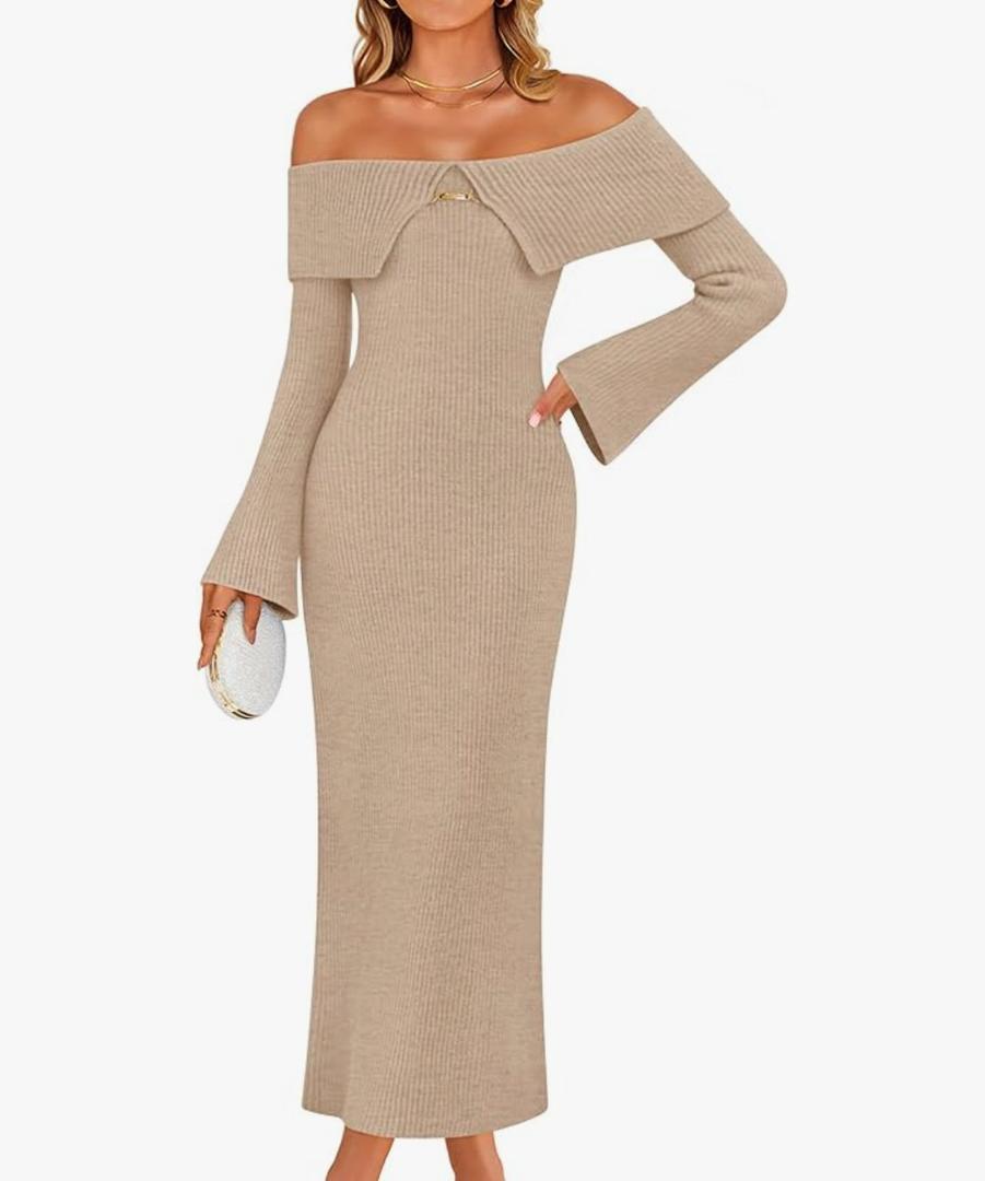 ZESICA Women's Fall Off Shoulder Sweater Dress 2026 Bell Long Sleeve Ribbed Knit Bodycon Formal Maxi Dresses, Medium