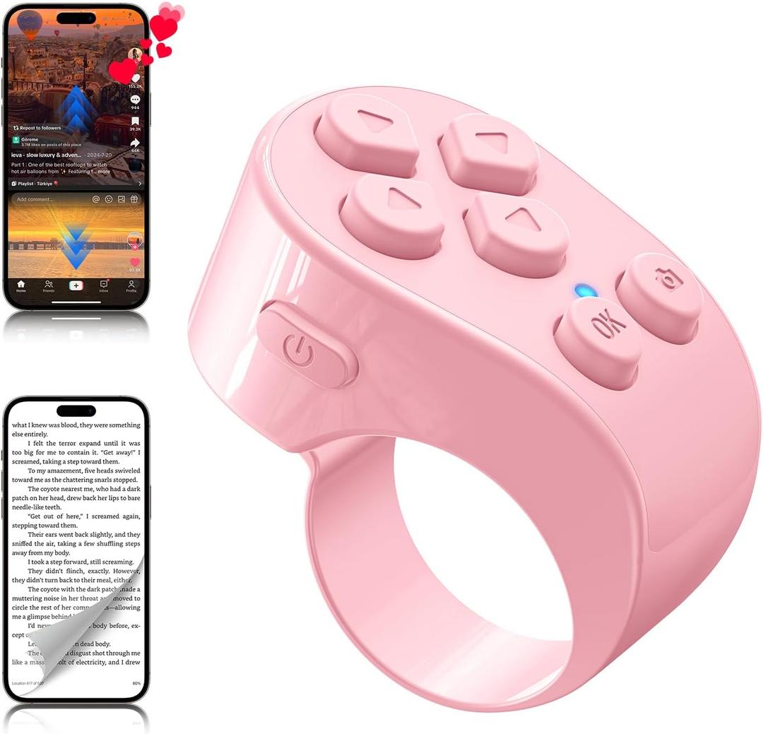 TikTok Scrolling Ring Remote Control,Page Turner for iPad iPhone & Android Tablet,Bluetooth Camera Remote, Scrolling Ring for TikTok,YouTube,Instagram,iOS,Android (Pink)