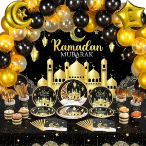 Redbaker 167 Pcs Eid Mubarak Party Decoration Ramadan Mubarak Backdrop Banner Tablecloth Eid Al-fitr Balloon 16 Set Tableware Plates Cups Napkins Cutlery for Home Muslim Ramadan Party Supplies(Black)