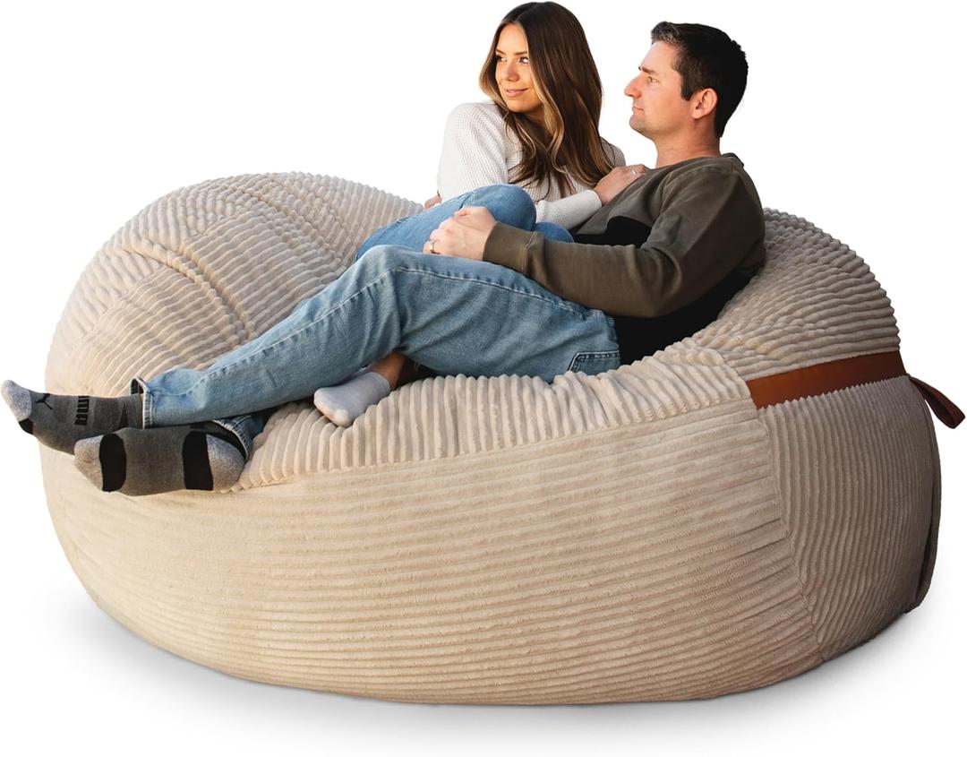 Big Joe Fuf 7Ft Giant Foam Bean Bag Chair, Oversized Couch with Removable Cover for Kids, Teens, Adults, Vanilla Latte Corded Plush, 7 Foot