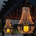 Hanging Candle Chandelier Outdoor, Battery Operated Clear Acrylic Beaded Chandelier with Flickering Led Candle Light S Hooks Modern Lantern for Garden Yard Patio Gazebo Room Indoor Decorations, 27H