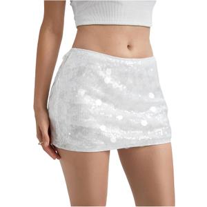 MakeMeChic Women's Sparkly Sequin Mini Skirt Y2k Low Rise Glitter Rave Micro Skirt with Shorts Underneath (White)