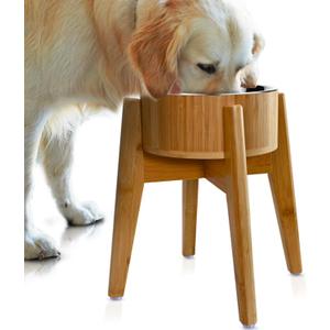Elevated Dog Bowls Large Breed - (15-Inch, 74-oz Cap) - Raised Single Dog Food Station, Suitable for Dry/Wet Pet Foods, Deter Ants/Bugs - Bamboo with Stainless Dish and Tall Stand