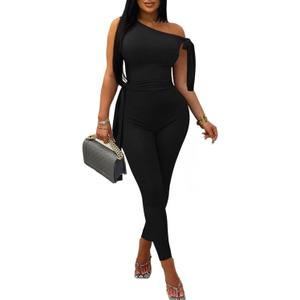Women's Sexy One Off Shoulder Jumpsuits Sleeveless Bodycon Rompers One Piece Outfits (Large, A-black)