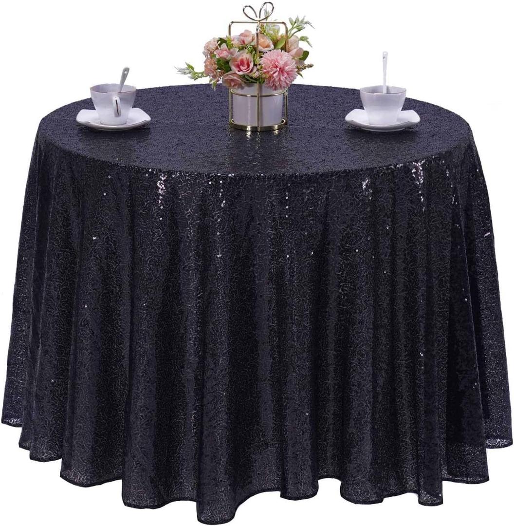 Black Sequin Tablecloth 90 Inch Round Sparkly Glitter Table Cover Overlays for Round Tables Wedding Birthday Party Prom Christmas Halloween Decorations