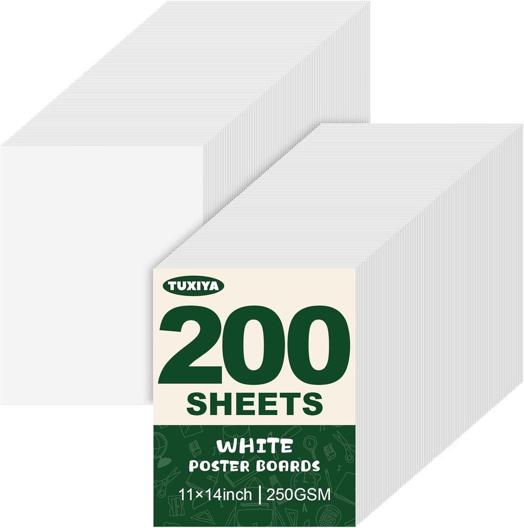 TUXIYA 200 Pack White Poster Board,11" x 14" White Poster Paper Bulk,250GSM/92LB Heavy-Weight Blank Poster Board for Arts,Craft,Projects Presentations,Drawing Scrapbooking
