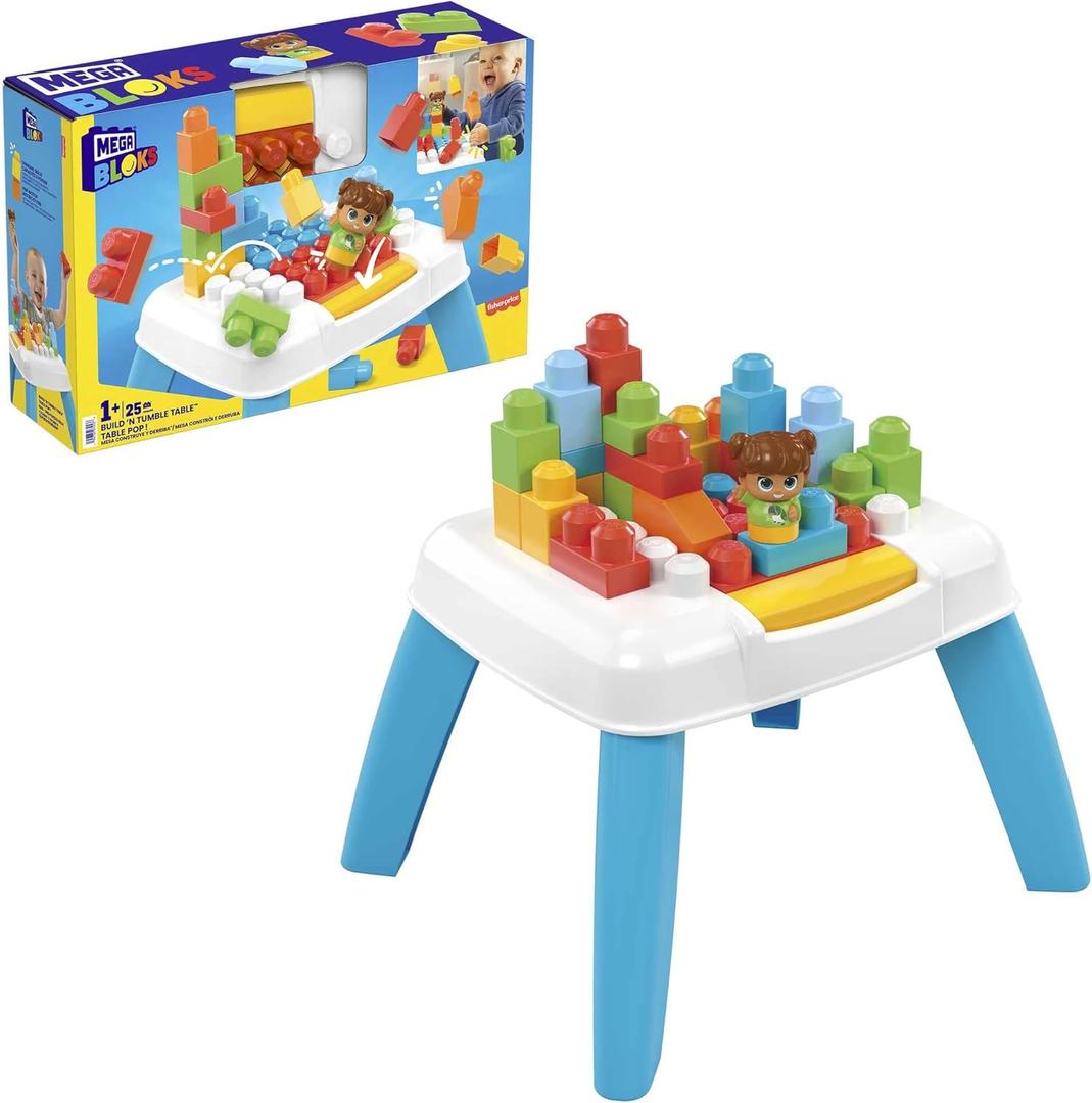 Mega Bloks Fisher-Price Toddler Blocks Toy Set, Build n Tumble Activity Table with 25 Pieces and Storage, 1 Figure, Blue, Ages 1+ Years