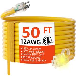 HUANCHAIN 12/3 Gauge Heavy Duty Outdoor Extension Cord 50 ft Waterproof with Lighted end, Flexible Cold-Resistant 3 Prong Electric Cord Outside, 15Amp 1875W 12AWG SJTW, Yellow, ETL