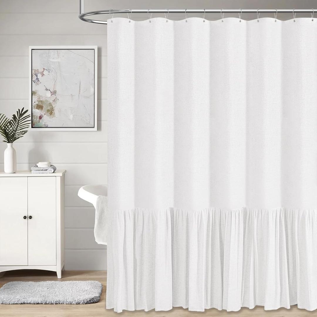BTTN Farmhouse Shower Curtain - Rustic Heavy Duty Fabric Linen Shower Curtain Set with Ruffle Hem, Machine Washable, Vintage Shabby Chic Cloth Shower Curtains for Bathroom - White - 72x72