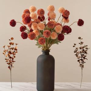 Fall Flowers, Burnt Orange Faux Kiku Flowers Artificial  + Eucalyptus, Assorted Fake Silk Mums Fall Florals Autumn Decor, Terracotta Mini Floral Balls Faux Stems For Vase, Decoración de Otoño