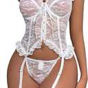 Women Lingerie Sexy Floral Lace Lingerie Set 3 Piece Bodysuit Teddy Outfit with Bustier G-string and Stockings (White, XL)