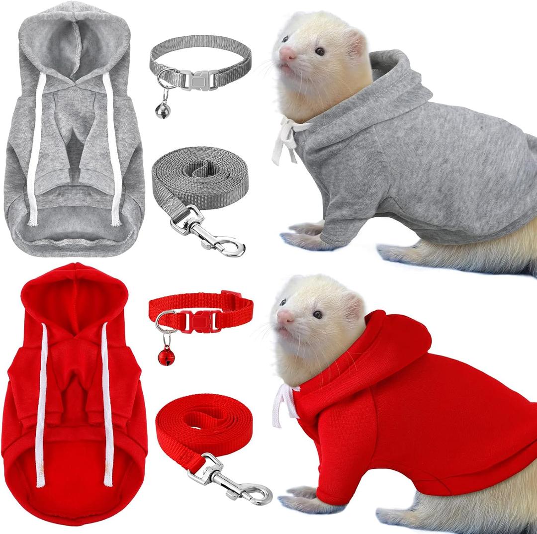 Foaincore 6 Pcs Ferret Clothes Accessories Include Ferret Leash and Harness Set Safe Pet Collar with Bell Small Soft Pet Sweater for Guinea Pig Hamster Chinchilla Teacup Chihuahua Grey and Red, S