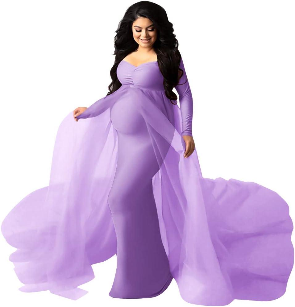 Women Off Shoulder Long Sleeve Maternity Dress Tulle Elegant Slim Fit Gown Baby Shower Photography Maxi Dress for Photo Shoot (Medium, Light Purple)
