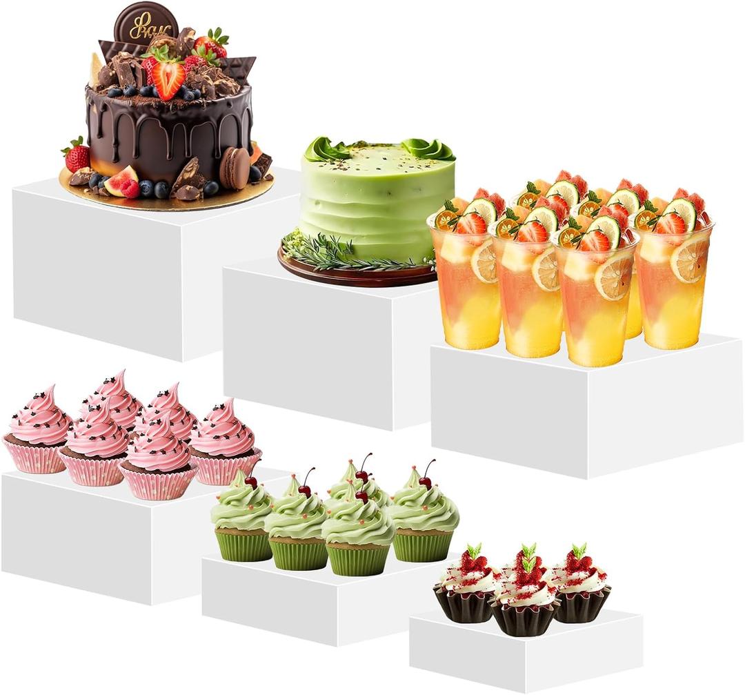 6PCS Buffet Risers, Food Risers for Buffet Tables, Display Stand Shelf for Party Catering Dessert, White Acrylic Boxes for Food Display, Large Acrylic Cube Boxes (Sizes: 8", 7.5", 7", 6.5", 6", 5.5")