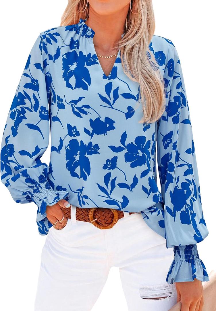 MASCOMODA Womens V Neck Floral Long Sleeve Tops 2025 Summer Casual Loose Puff Sleeve Chiffon Boho Work Blouse Dressy T Shirts (Blue, M)