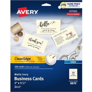 Avery Clean Edge Printable Business Cards with Sure Feed Technology, 2" x 3.5", Ivory, 200 Blank Cards for Inkjet Printers (08876)