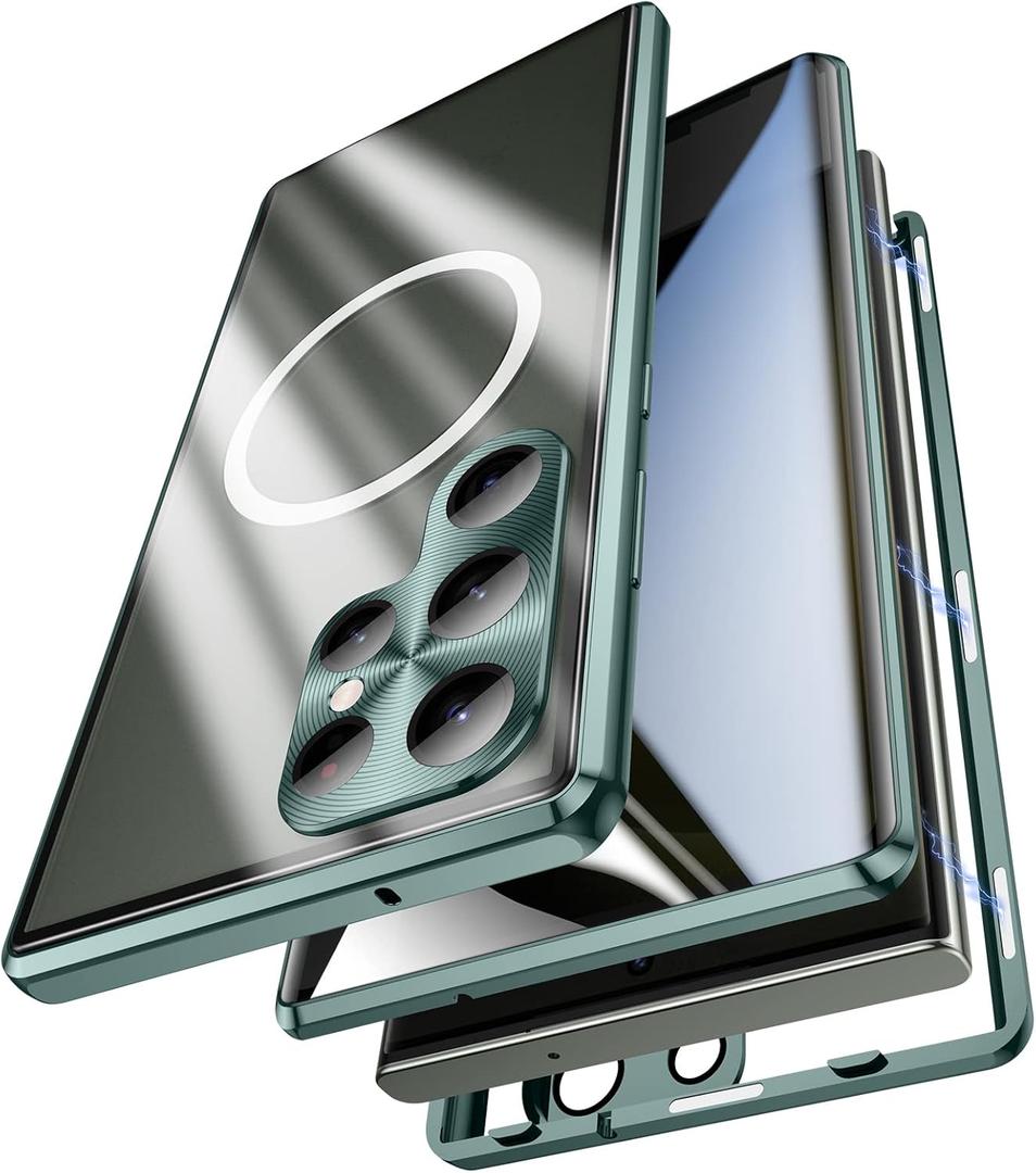 Jonwelsy Anti Peeping Case for Samsung Galaxy S23 Ultra, Double-Sided 360 Degree Protection Cover Compatible with Magsafe Anti Spy Privacy Glass Magnetic Adsorption Metal Bumper for S23U (Green)