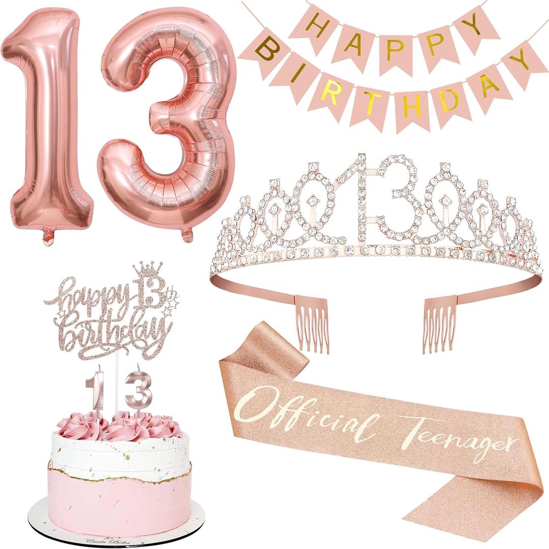 13th Birthday Decorations Set, Including 13th Tiara and Sash, Happy Birthday Banner, Cake Toppers, Number Candles and Balloons Set, Rose Gold