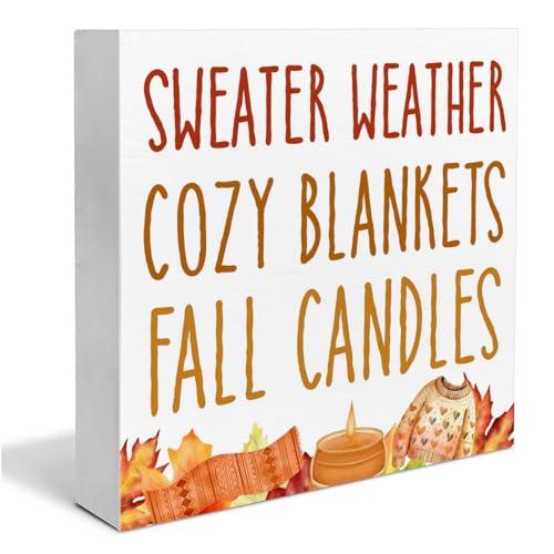 Fall Home Decor, Autumn Wooden Sign Decor Desk Sign Sweater Weather Wooden Block Sign Rustic Home Shelf Wall Decoration Pack of 2